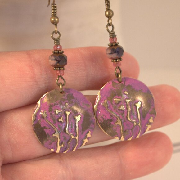 Brass Hand Embossed Earrings Purple Czech Glass Earrings Patina Brass Earrings - Picture 2 of 7